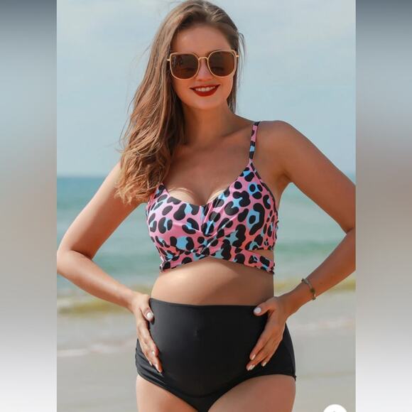 SummerMae Two Piece Maternity Bathing Suit  Back Tie High Waisted Bottoms Small - Picture 1 of 8